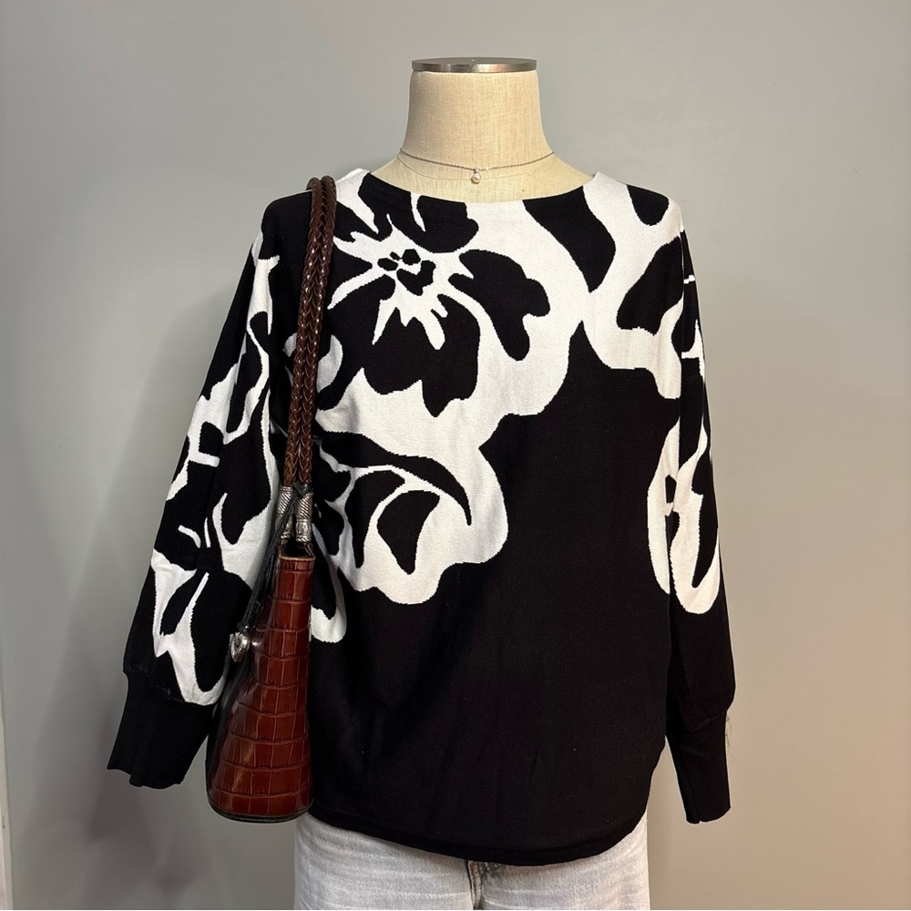 Chico's Black and White Patterned Floral Sweater